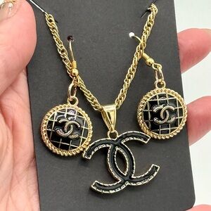 Upcycled 3-Piece Chancel Earrings + Pendant Necklace - Authentic, Stamped - Gold